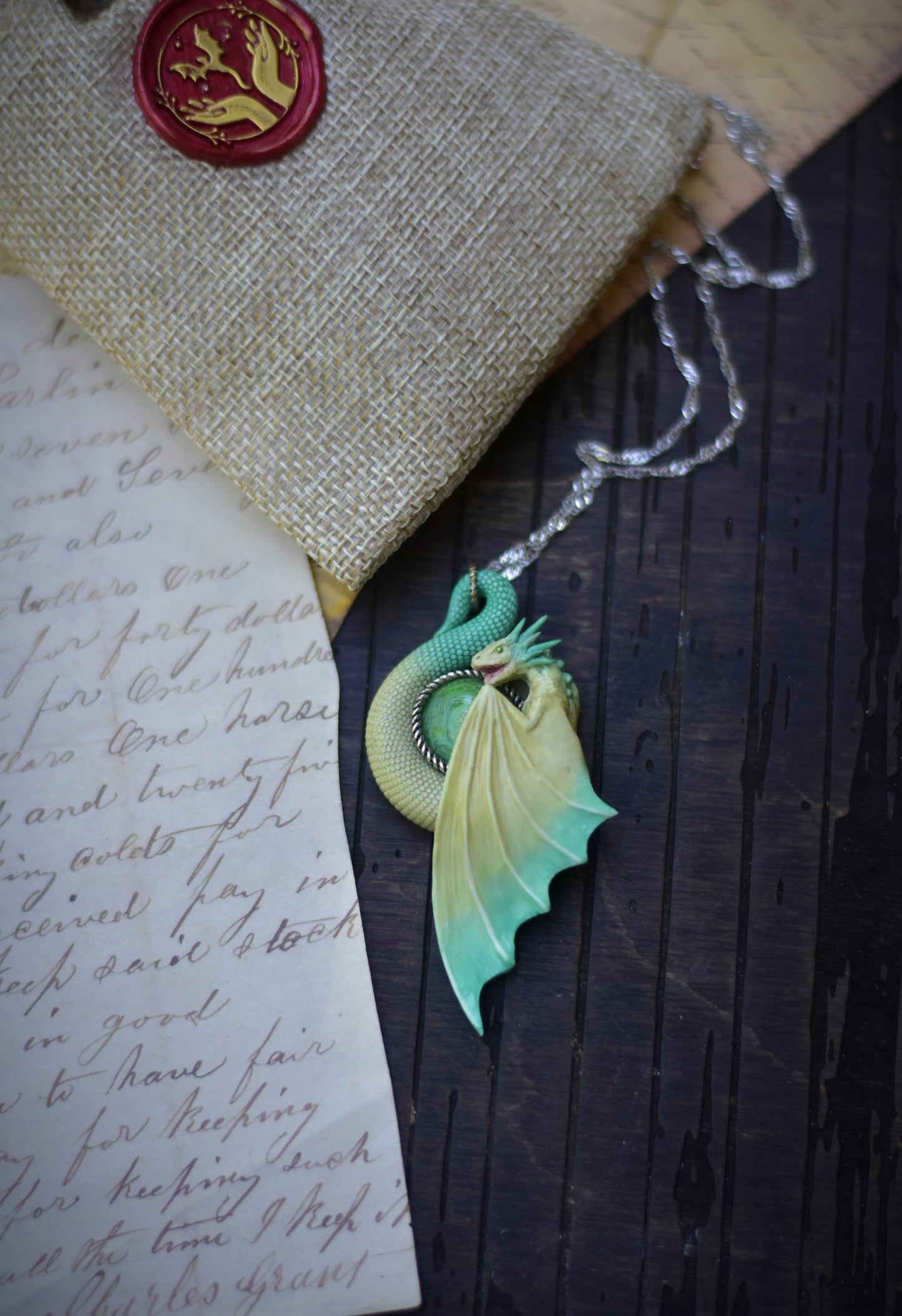 Pale Yellow and Turquoise Dragon Necklace