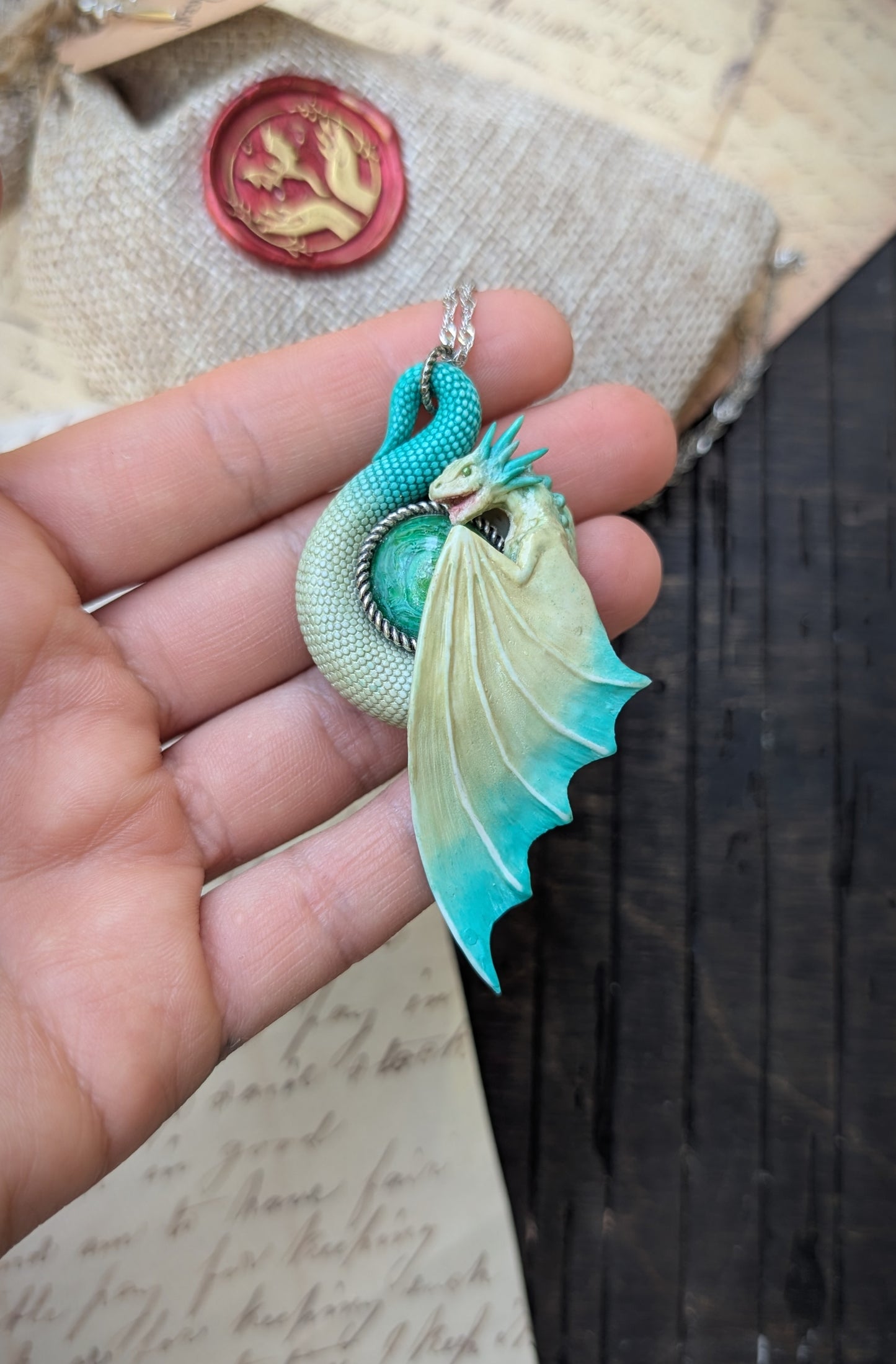 Pale Yellow and Turquoise Dragon Necklace