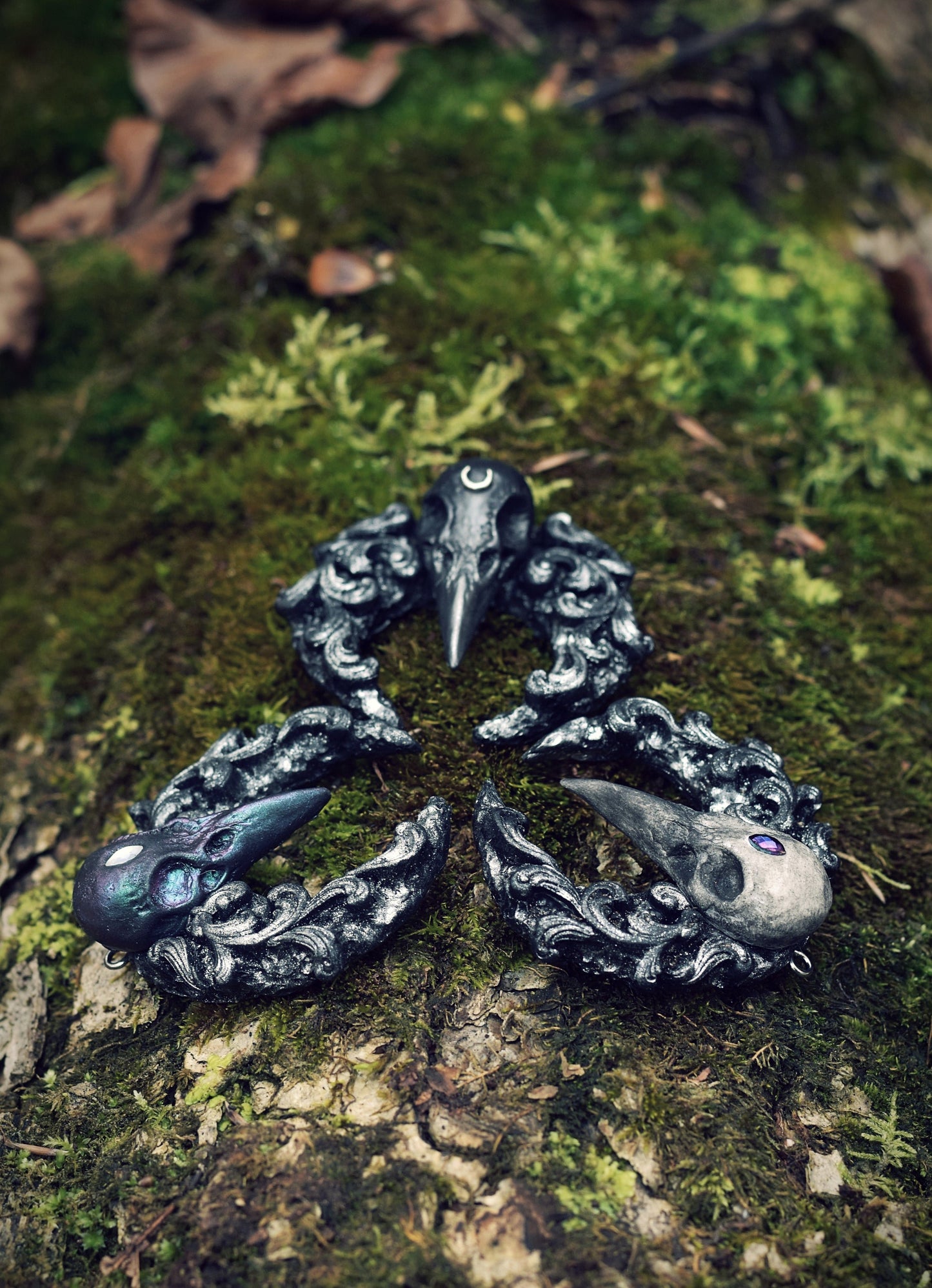 Crescent Moon with Raven Skull Necklace (Varieties)