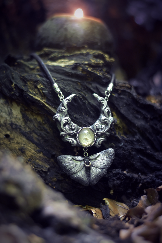 Silver Moon and Moth Necklace