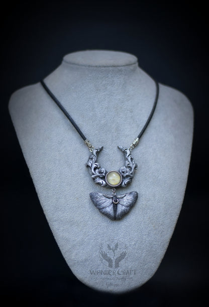 Silver Moon and Moth Necklace