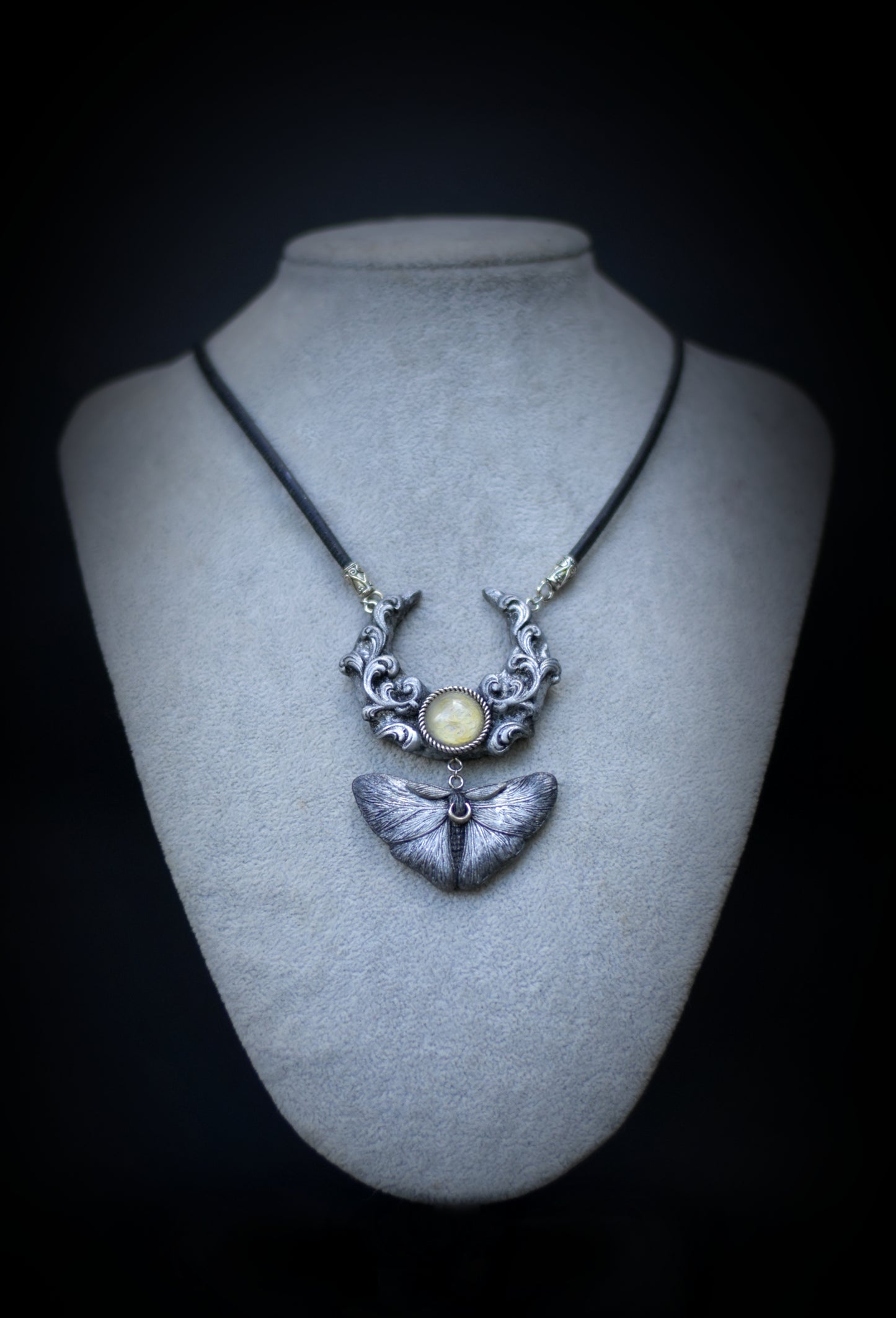 Silver Moon and Moth Necklace