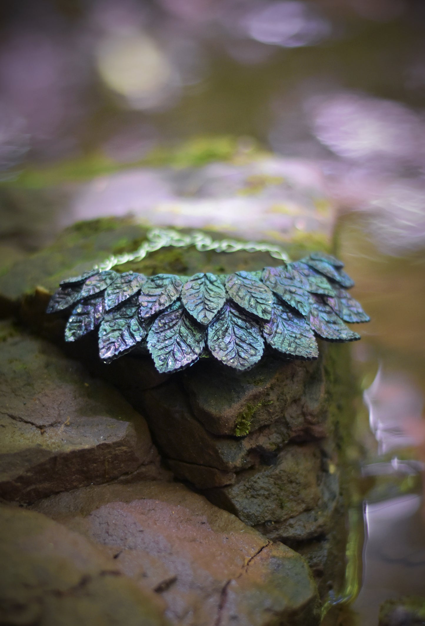 Collar Necklace with Iridescent Leaves and Water Drops