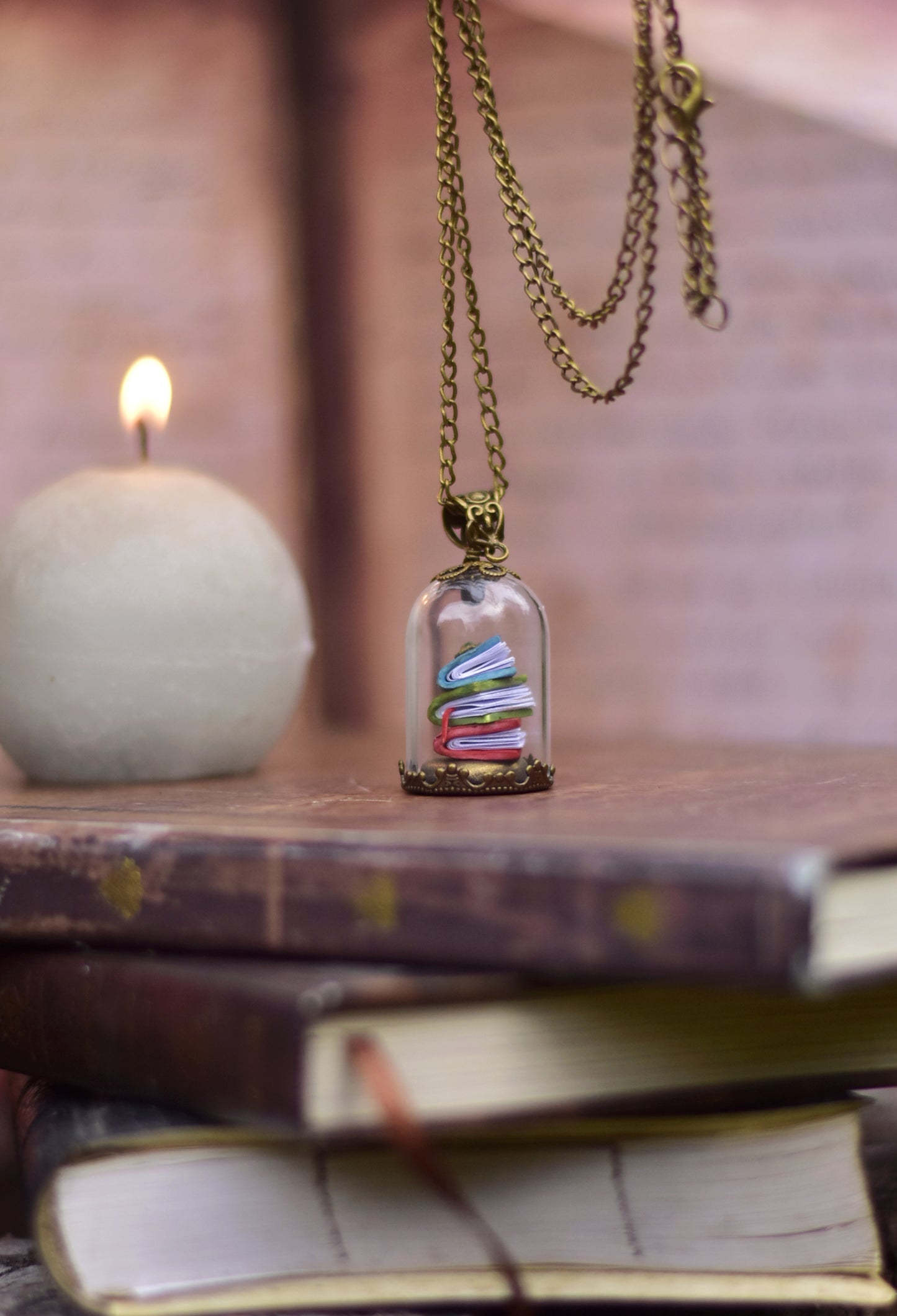 Enchanted Library - Books Under Glass Dome Necklace