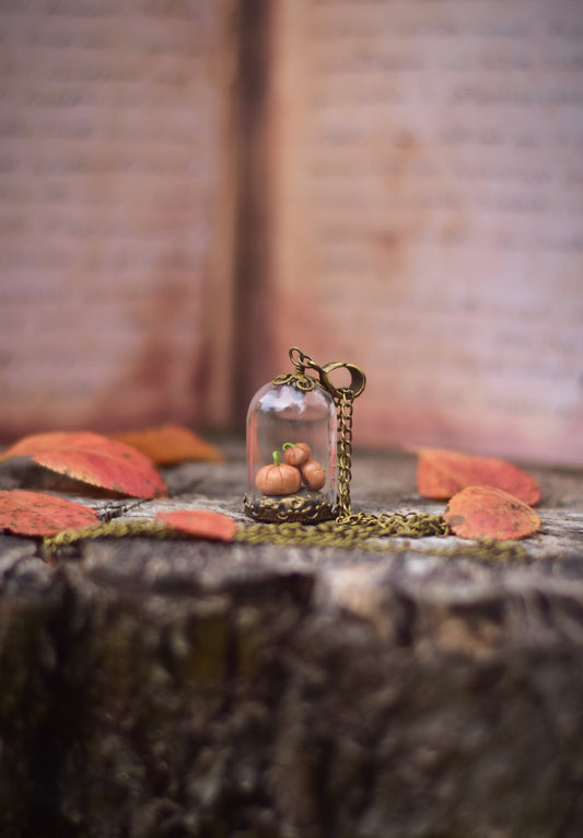 Autumn Harvest - Pumpkins Under Glass Dome Necklace and Earrings