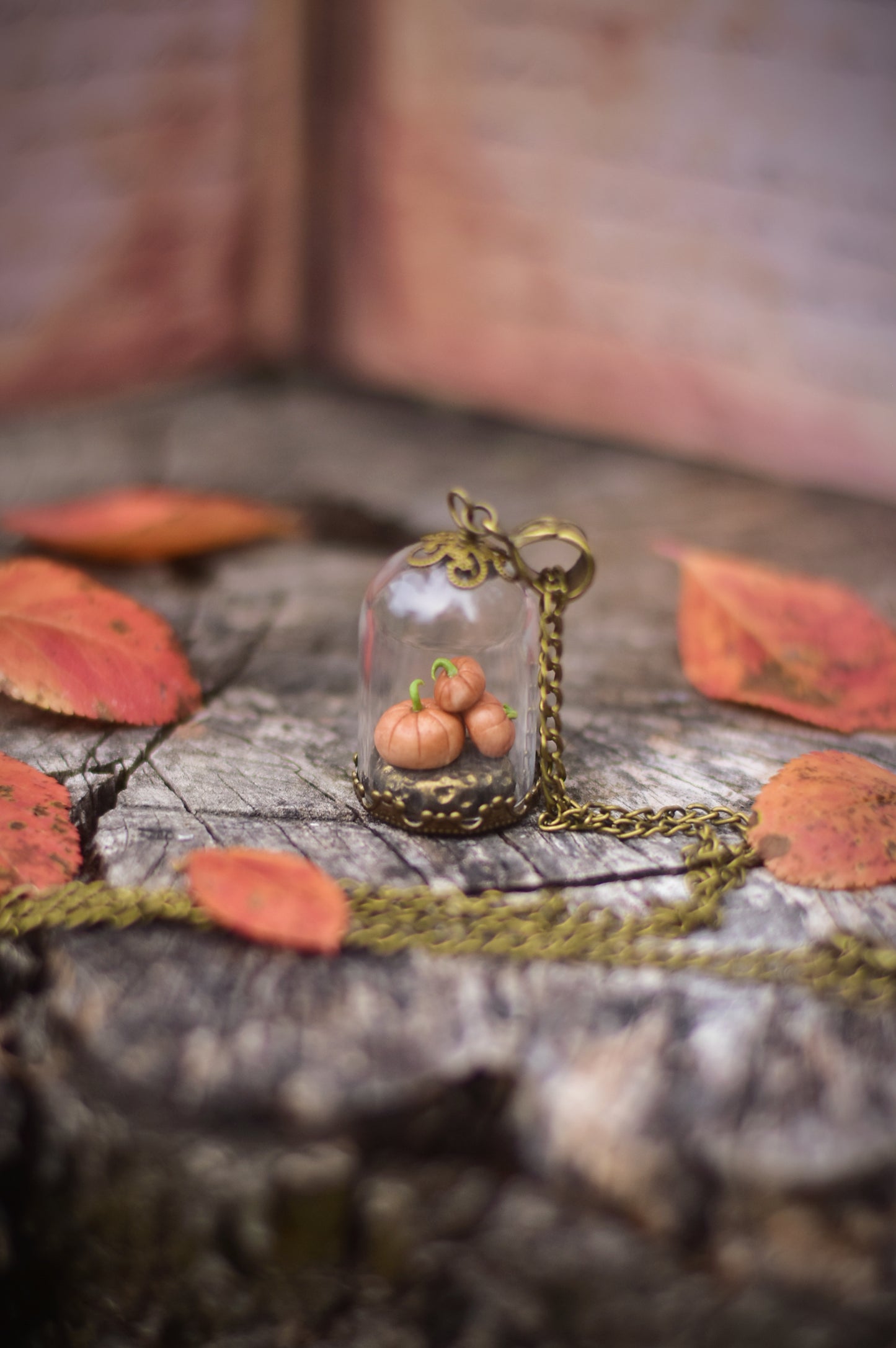 Autumn Harvest - Pumpkins Under Glass Dome Necklace and Earrings