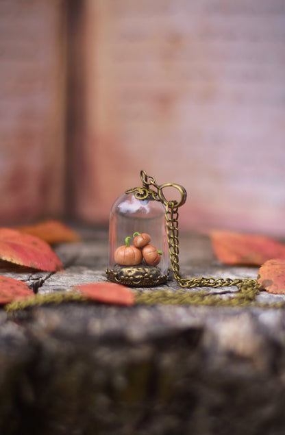 Autumn Harvest - Pumpkins Under Glass Dome Necklace and Earrings