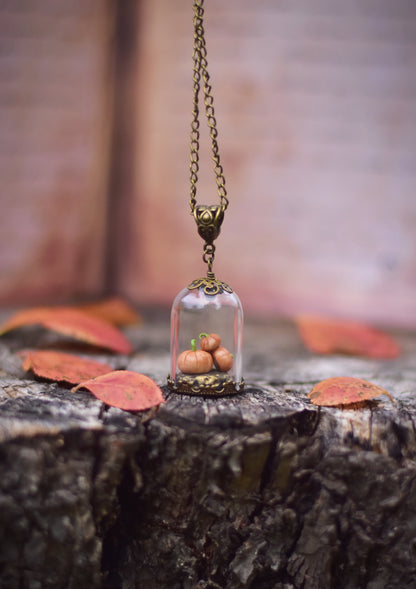 Autumn Harvest - Pumpkins Under Glass Dome Necklace and Earrings