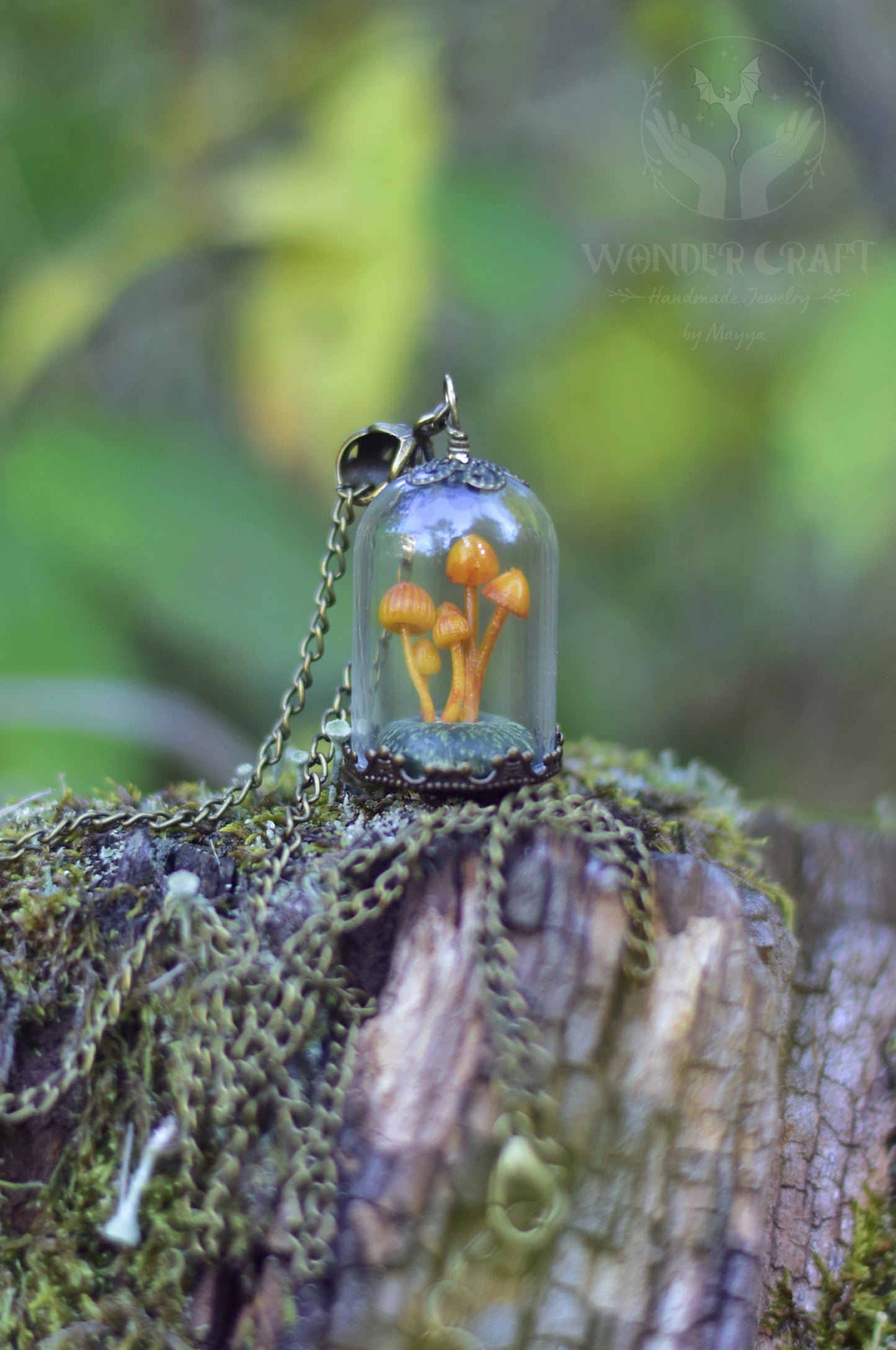 Mushroom Grove Under Glass Dome Necklace and Earrings