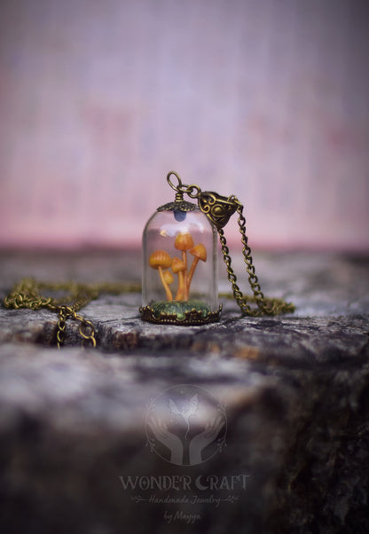 Mushroom Grove Under Glass Dome Necklace and Earrings