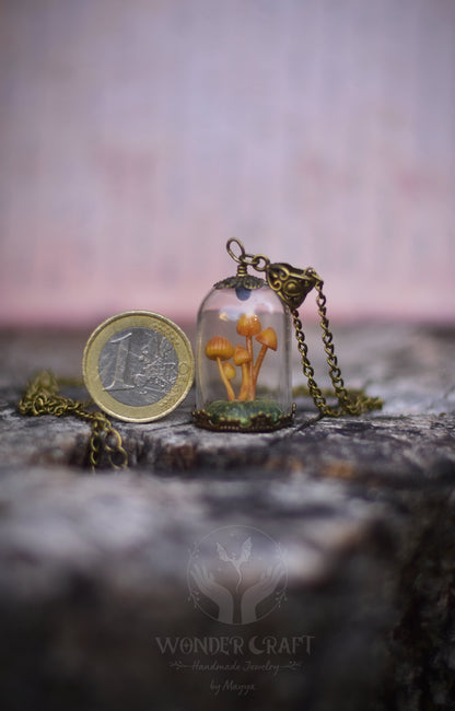 Mushroom Grove Under Glass Dome Necklace and Earrings