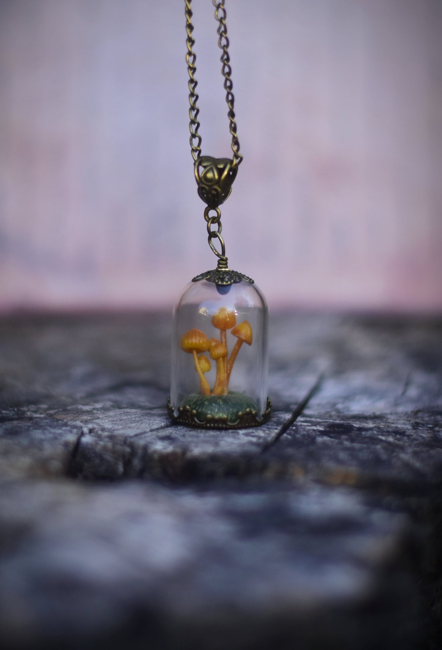 Mushroom Grove Under Glass Dome Necklace and Earrings