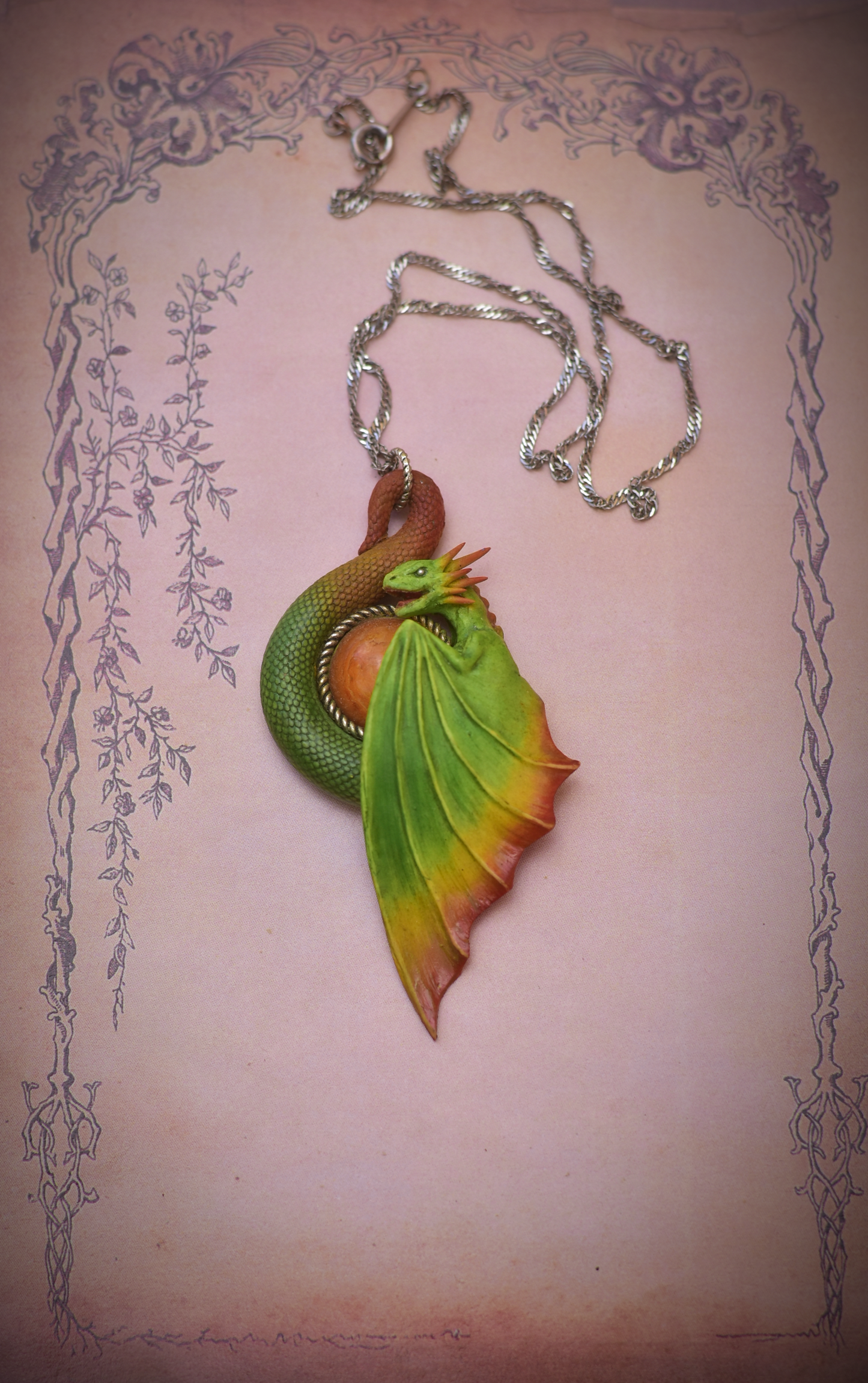 Green and Orange Dragon Necklace