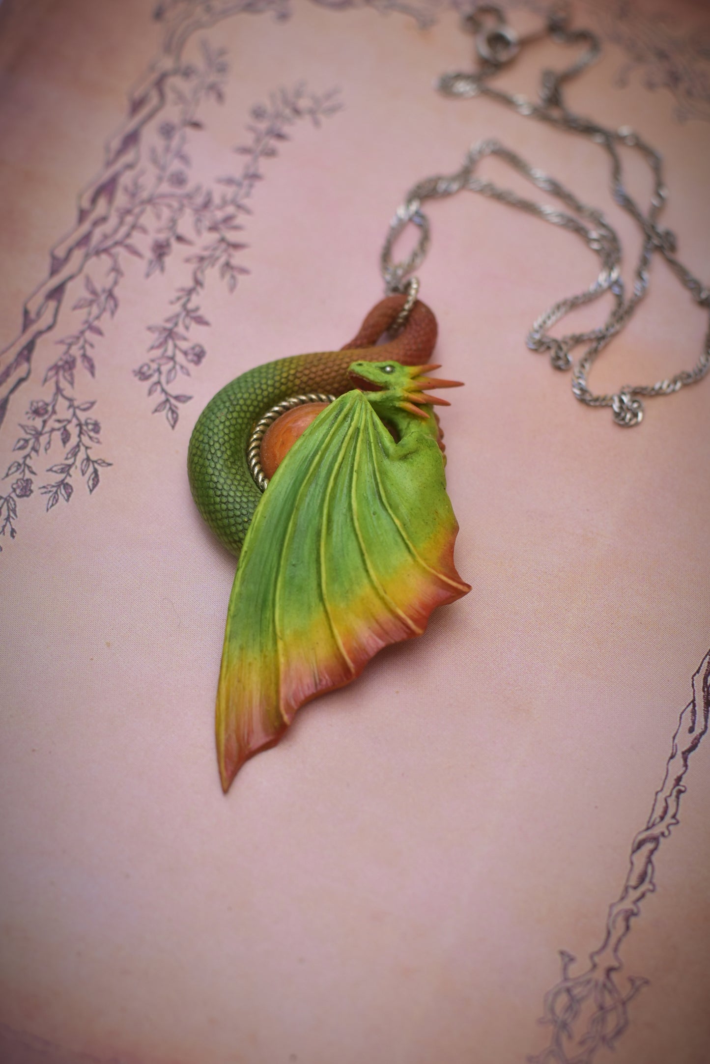 Green and Orange Dragon Necklace