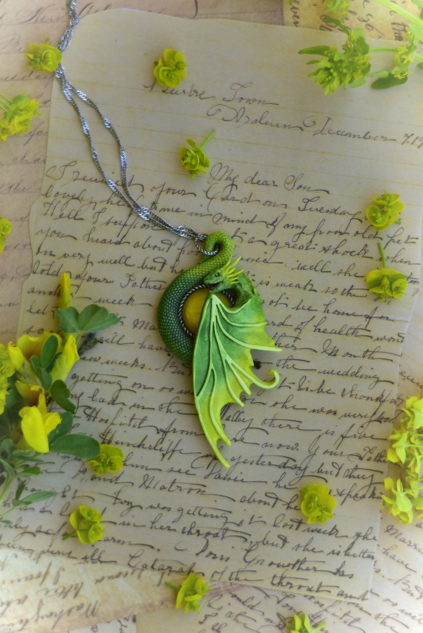 Green and Yellow Fairy Dragon Necklace