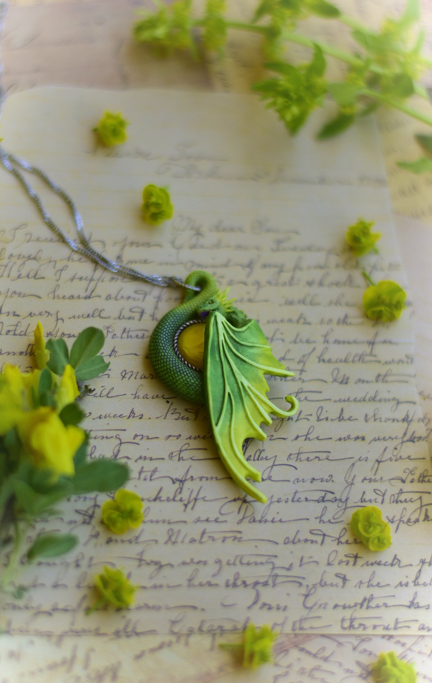 Green and Yellow Fairy Dragon Necklace