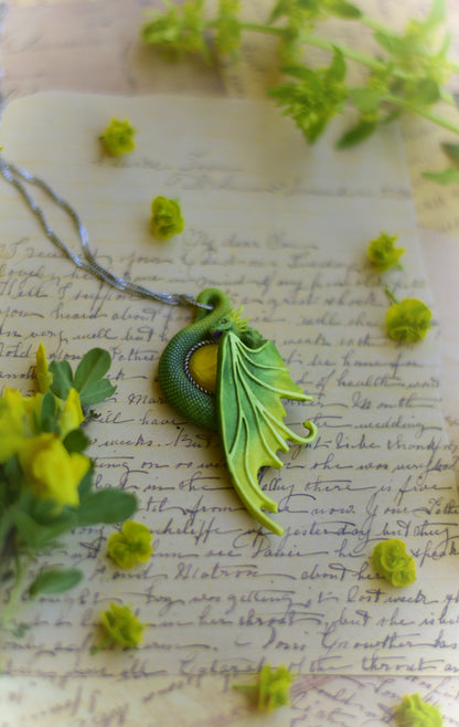 Green and Yellow Fairy Dragon Necklace