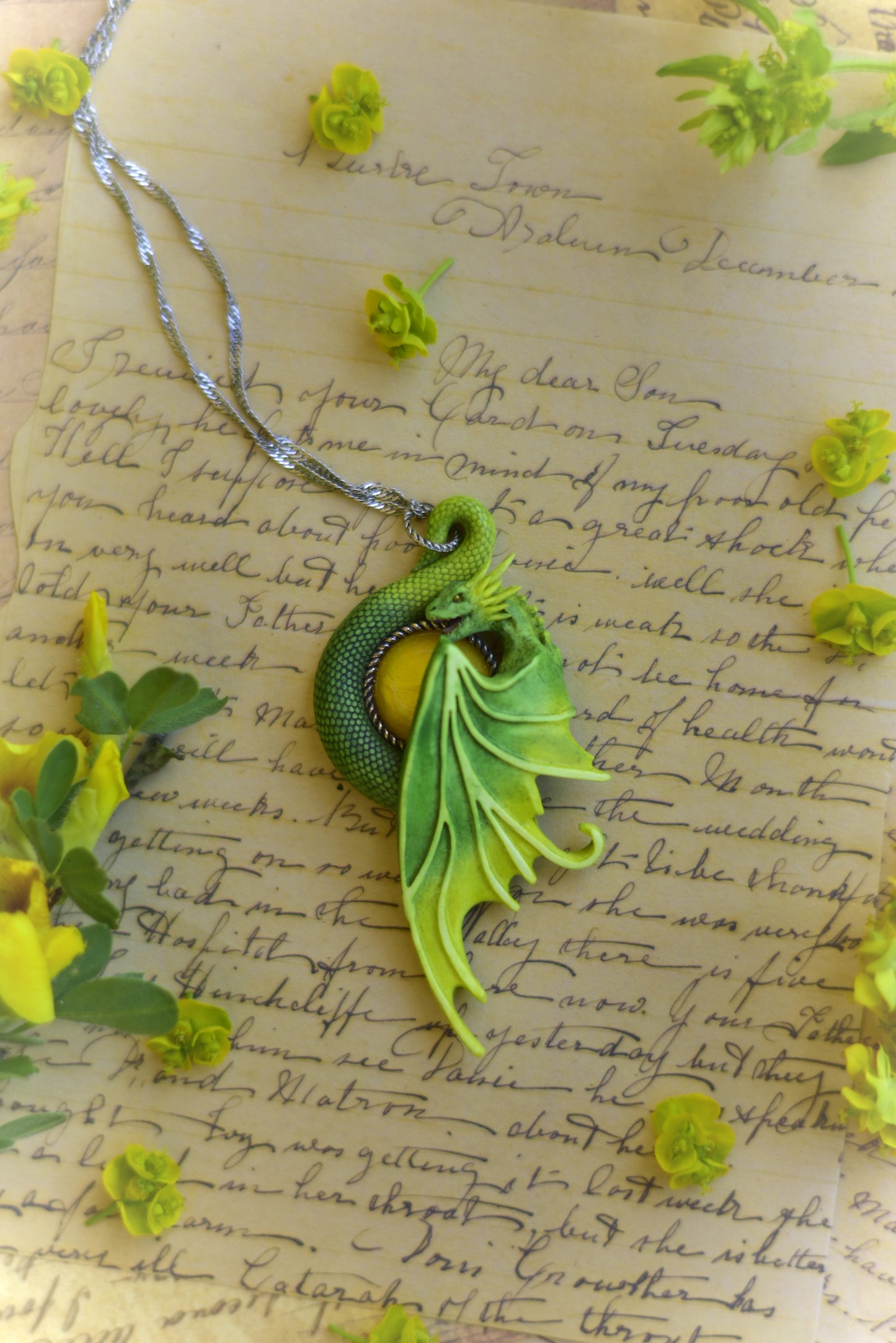 Green and Yellow Fairy Dragon Necklace