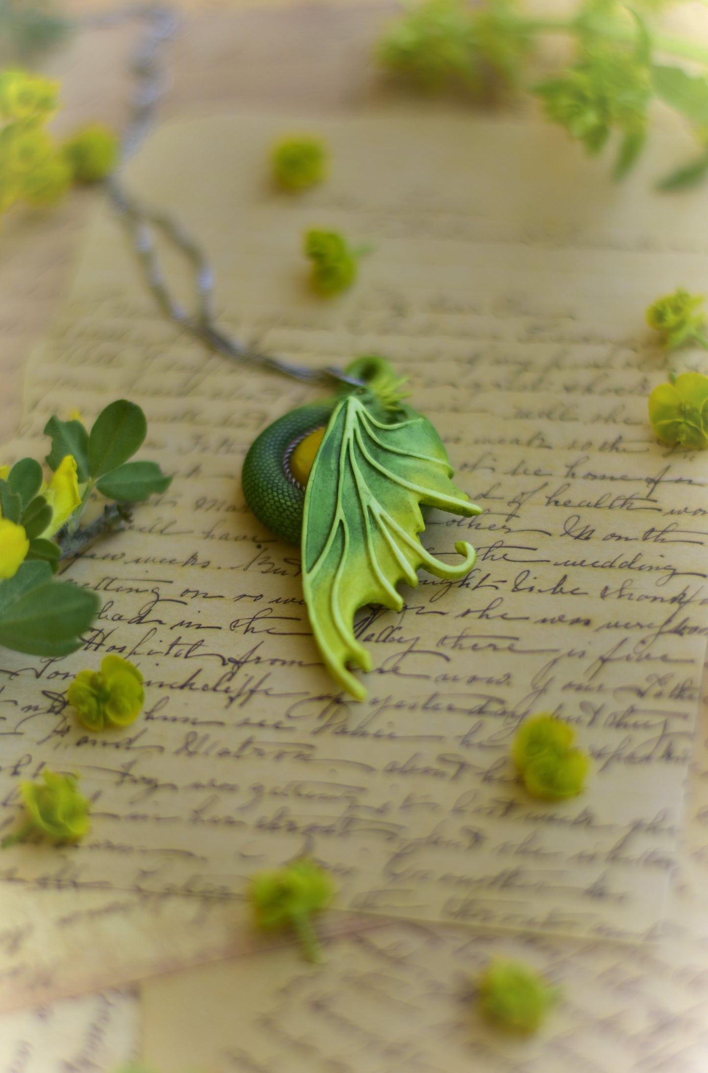 Green and Yellow Fairy Dragon Necklace