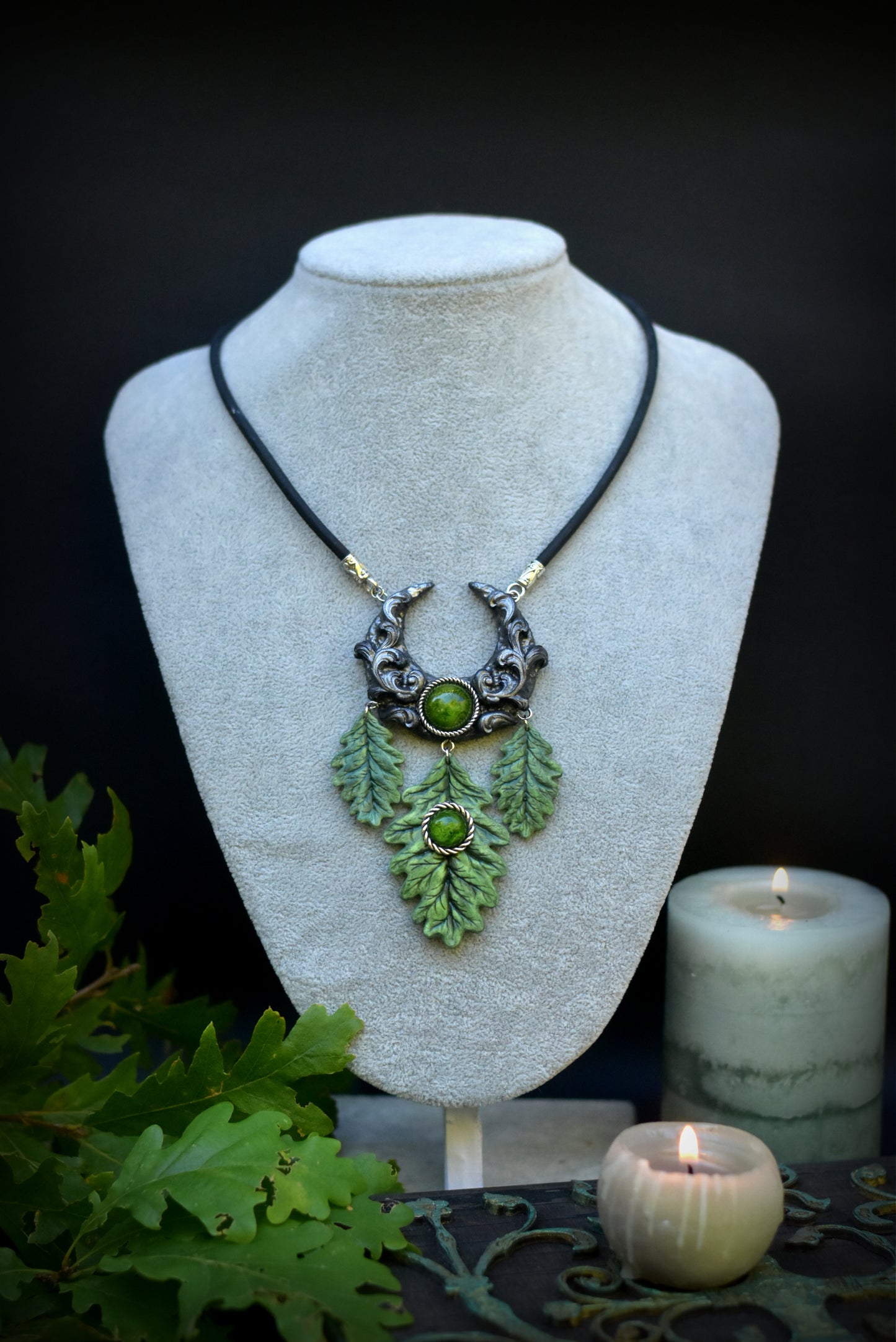 Green Witch Moon Necklace with Oak Leaves