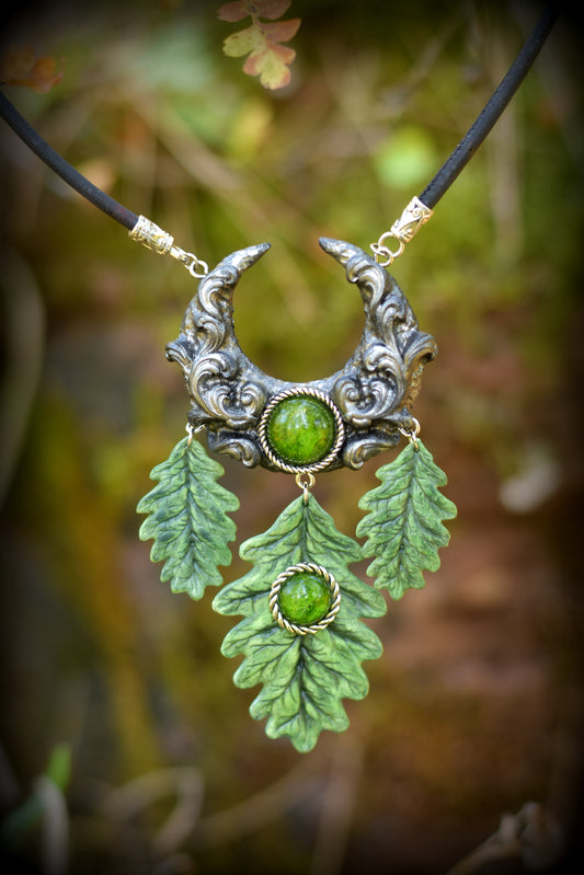 Green Witch Moon Necklace with Oak Leaves