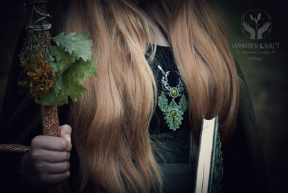 Green Witch Moon Necklace with Oak Leaves