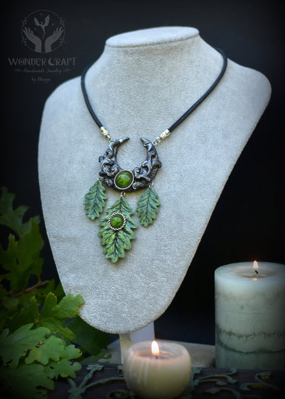 Green Witch Moon Necklace with Oak Leaves