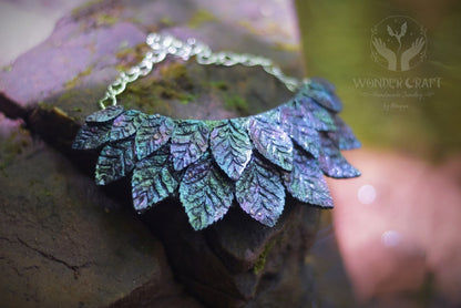 Collar Necklace with Iridescent Leaves and Water Drops