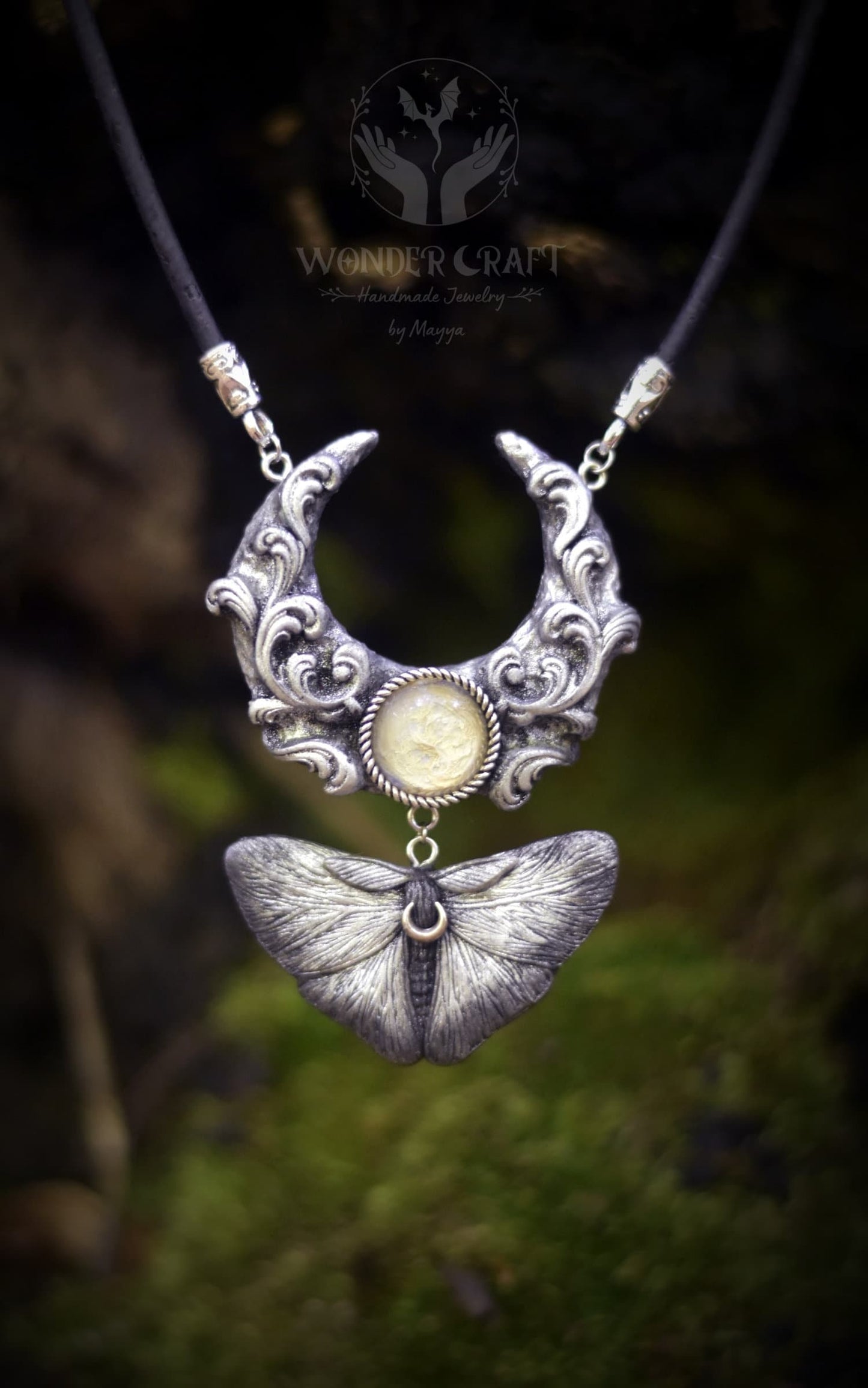 Silver Moon and Moth Necklace