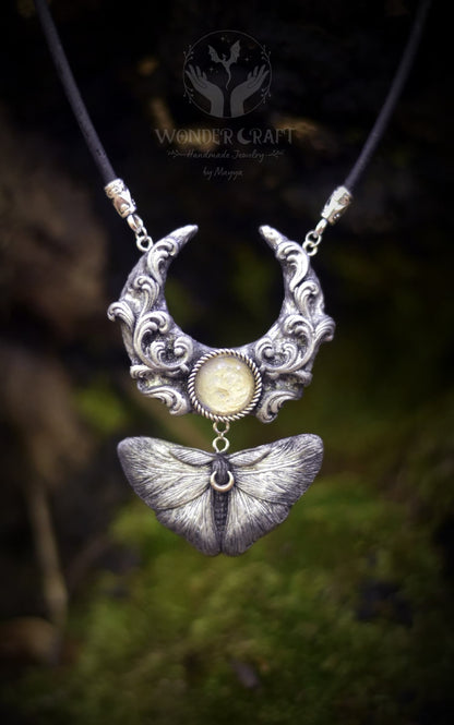 Silver Moon and Moth Necklace