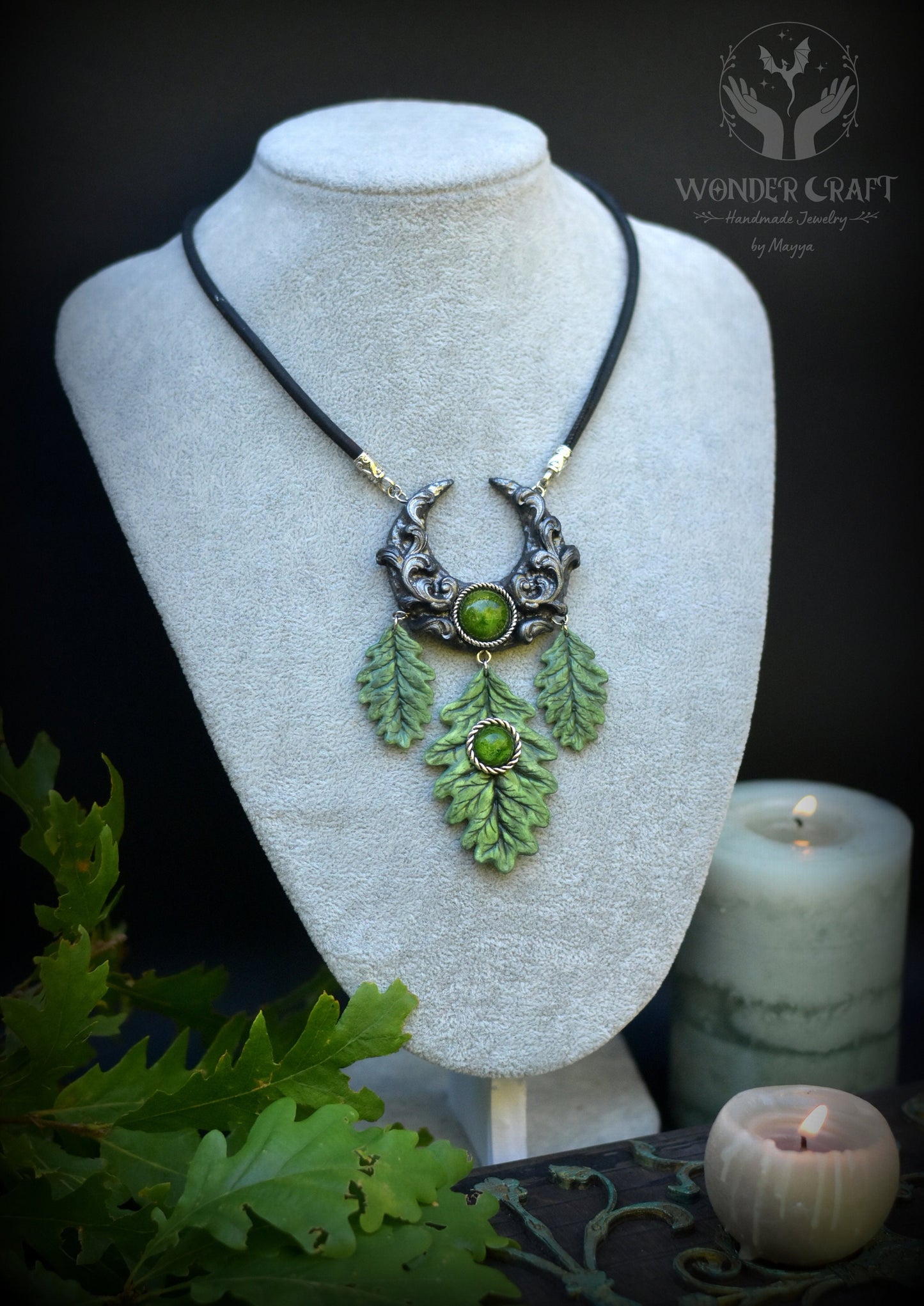 Green Witch Moon Necklace with Oak Leaves