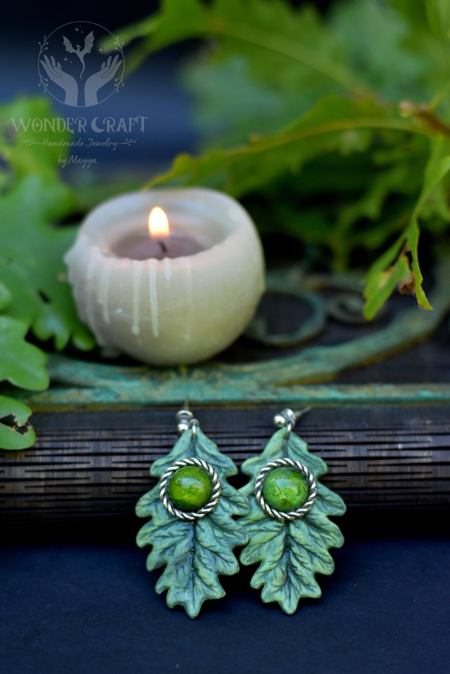 Green Witch Moon Necklace with Oak Leaves