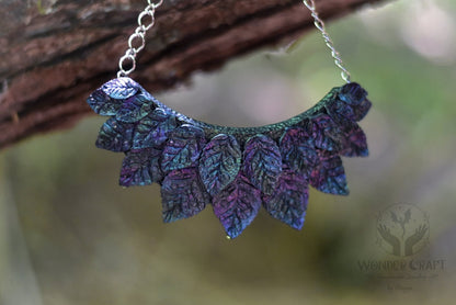 Collar Necklace with Iridescent Leaves and Water Drops