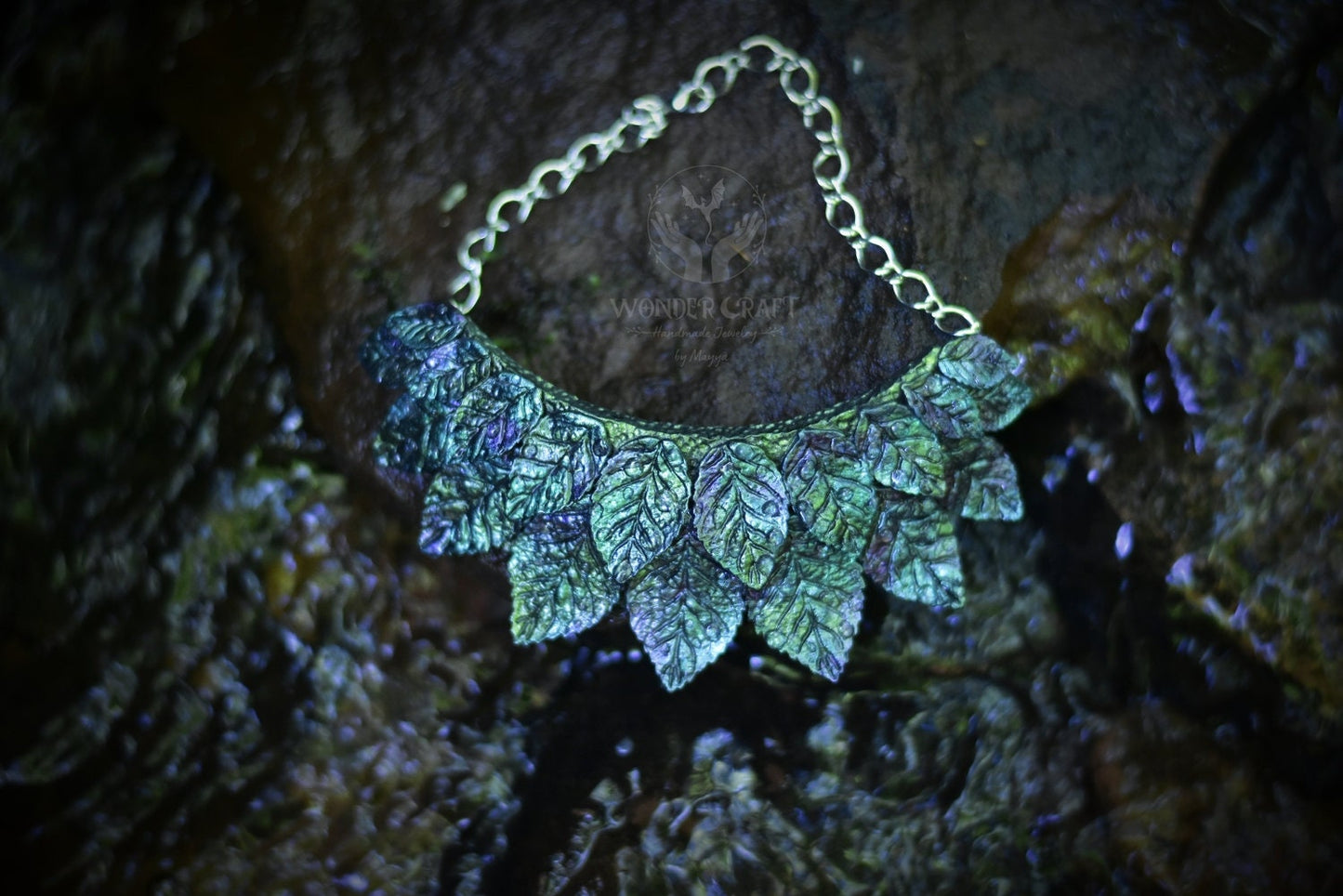 Collar Necklace with Iridescent Leaves and Water Drops