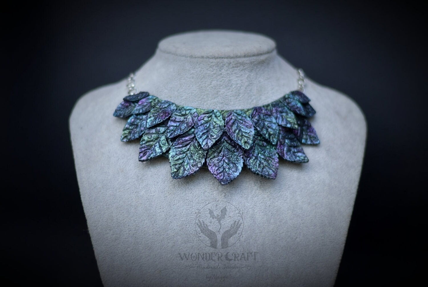 Collar Necklace with Iridescent Leaves and Water Drops