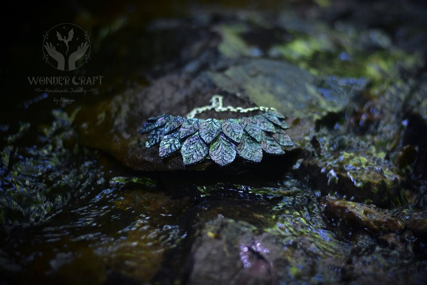 Collar Necklace with Iridescent Leaves and Water Drops