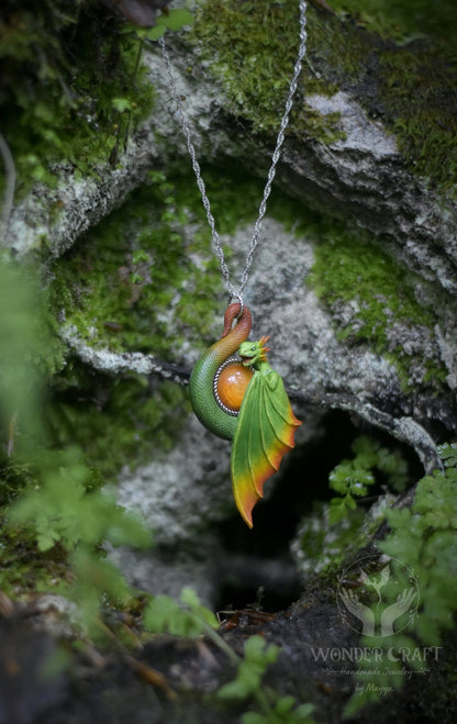 Green and Orange Dragon Necklace