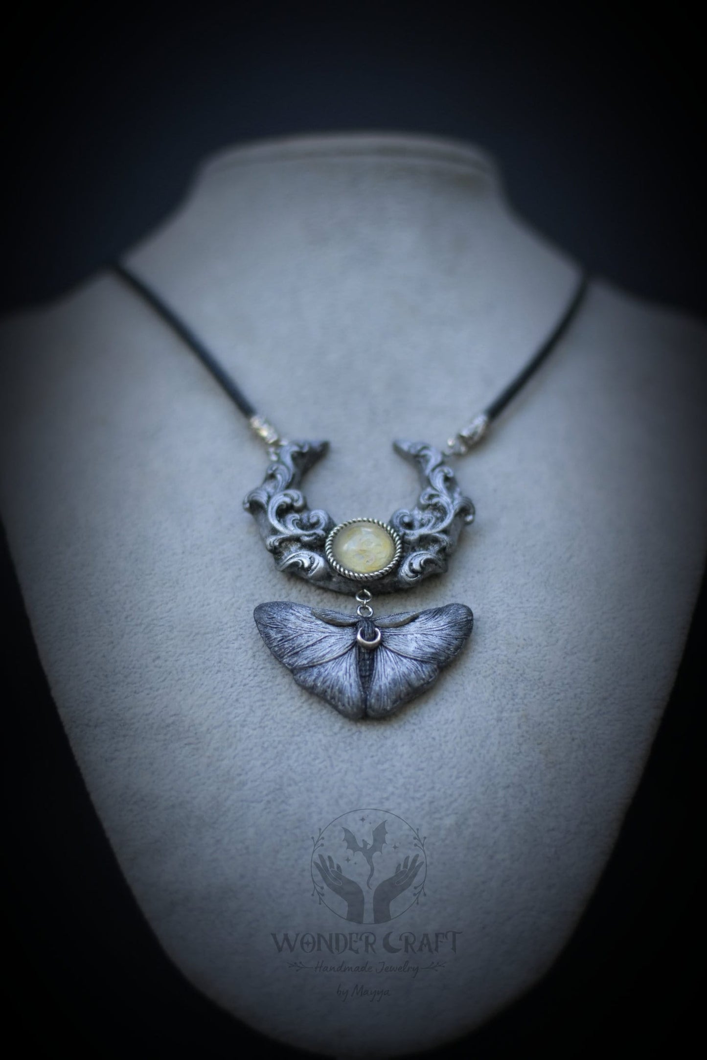 Silver Moon and Moth Necklace