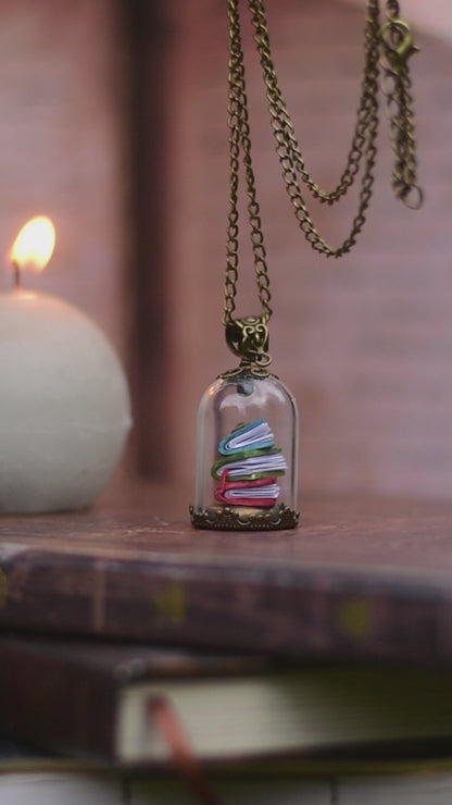 Enchanted Library - Books Under Glass Dome Necklace