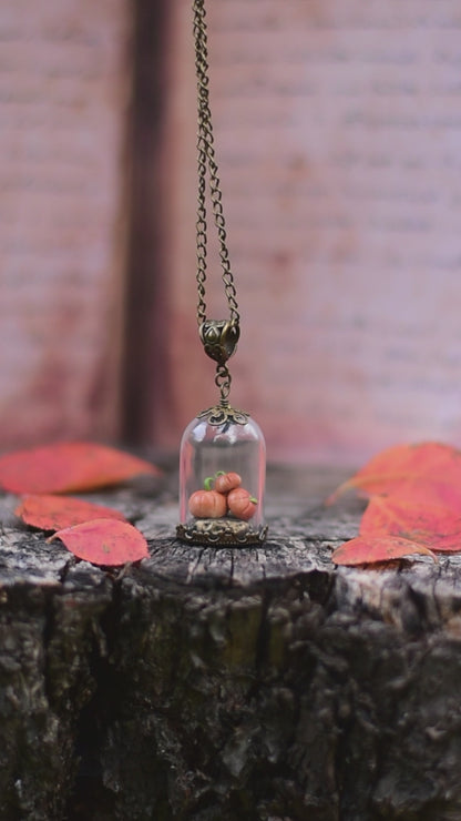 Autumn Harvest - Pumpkins Under Glass Dome Necklace and Earrings