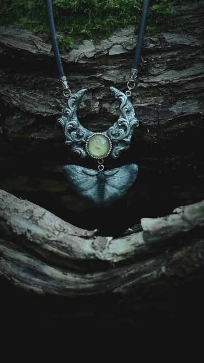 Silver Moon and Moth Necklace